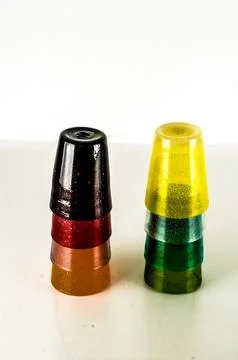 A stack of colorful plastic cups with a white background 库存照片