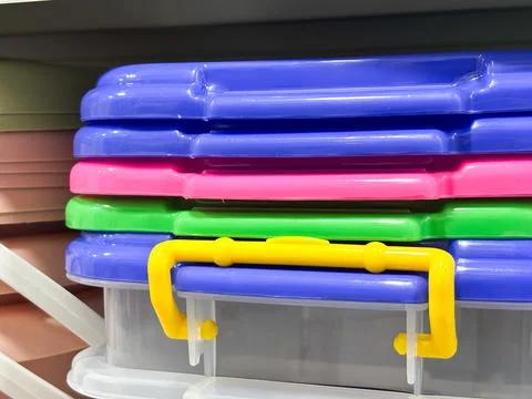 Stack of Colorful Plastic Storage Containers with Locking Lids Stock Photos
