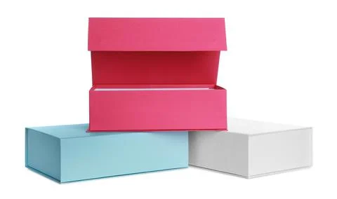 Stack of colorful shoe boxes on white background Stockfoto's