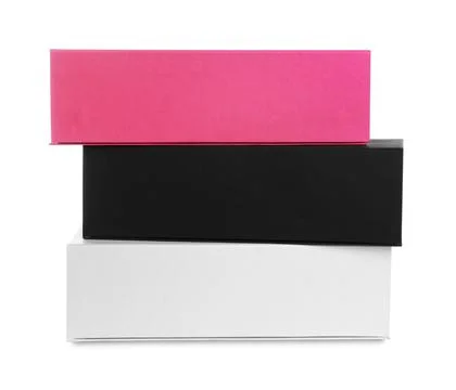 Stack of colorful shoe boxes on white background Stock Photos