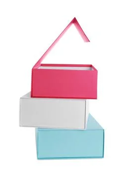 Stack of colorful shoe boxes on white background Stock Photos