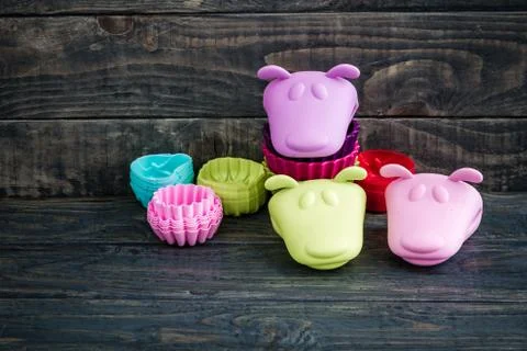 Stack of Colorful Silicon Cake Molds 스톡 사진