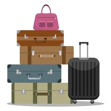 Stack of colorful vintage leather suitcases and one black modern rolling 库存插图
