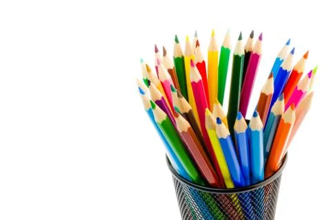 Stack of colour pencils inside the container on white background Foto stock