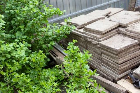 A stack of concrete paving tiles sits outdoors on a wooden pallet next to lus Stock-Fotos