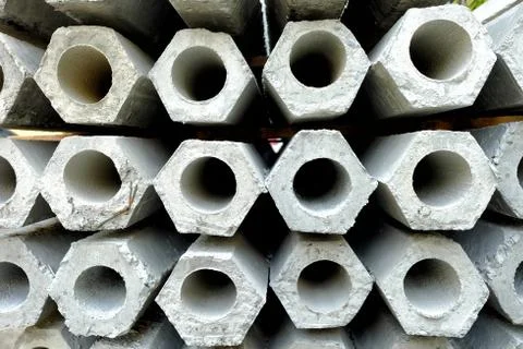 Stack of Concrete Stakes for Construction. Stock Photos