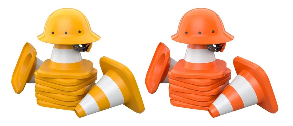 Stack of construction helmets and traffic cones isolated white background wit Stock Illustration