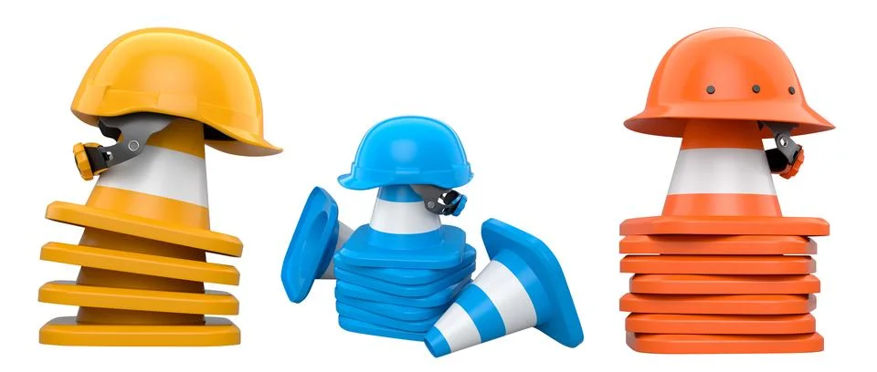 Stack of construction helmets and traffic cones isolated white background w.. Illustrazione stock