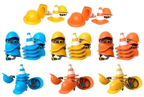 Stack of construction helmets and traffic cones isolated white background wit Stock Illustration