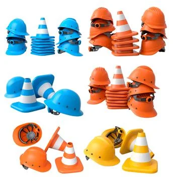 Stack of construction helmets and traffic cones isolated white background w.. Illustrazione stock