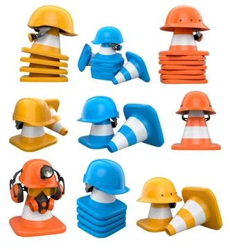 Stack of construction helmets and traffic cones isolated white background w.. Stock Illustration