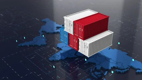 Stack of containers box on 3d world map, Cargo freight ship Stock Footage 133566668