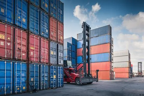 Stack of Containers Cargo Ship Import/Export in Harbor Port, Cargo Freight Sh Stock Photos