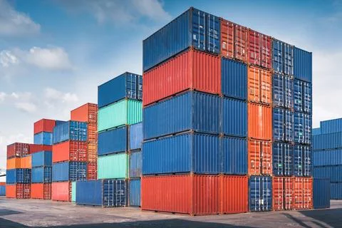 Stack of Containers Cargo Ship Import/Export in Harbor Port, Cargo Freight Sh Stock Photos