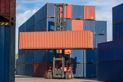 Stack of containers in a harbor Stock Photos