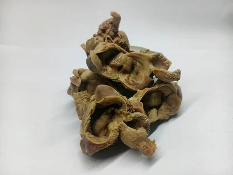 Stack of Cooked Chicken Gizzards and Livers Close Up 库存照片