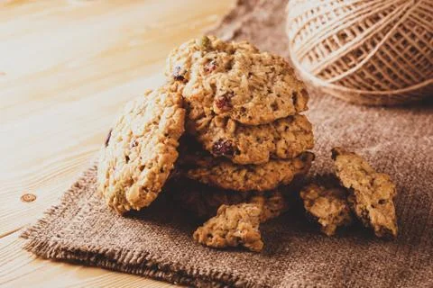 Stack of cookies on a jute fabric 스톡 사진
