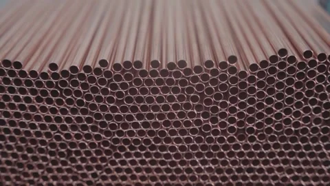 Stack of Copper Tubes for Heat Exchangers - Industrial Factory Production Stock Footage 330493139