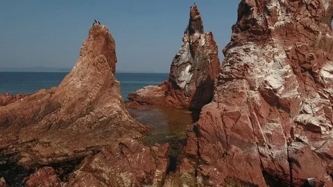 Stack cormorants Standing Rocks Kekura ocean Russia Vladivostok Primorsky Drone Stock Footage 76086921
