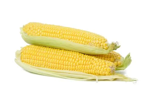 Stack of corn cobs with yellow grains isolated on white background Stack o... Foto stock