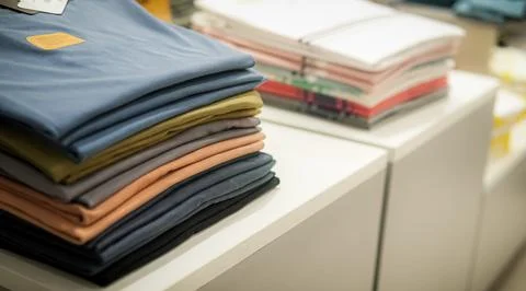 Stack of cotton colorful clothes on table in cloth store. Stock Photos