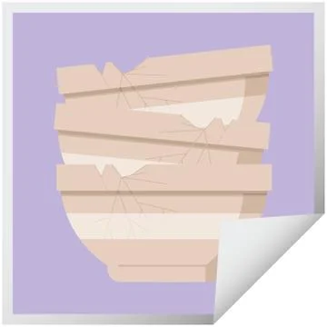 Stack of cracked old bowls graphic square sticker Illustrazione stock