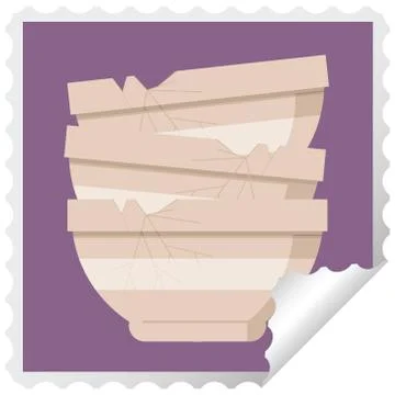 Stack of cracked old bowls graphic vector illustration square sticker stamp Stock Illustration