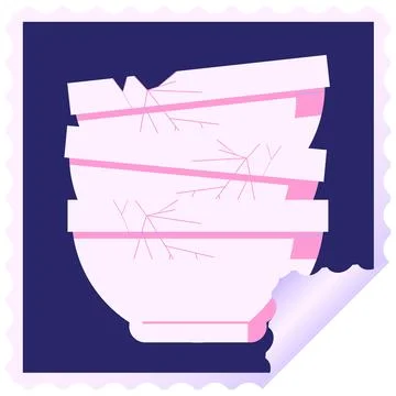 Stack of cracked old bowls graphic square sticker stamp in bright neon color Illustrazione stock