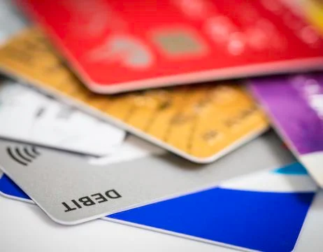 Stack of credit cards debt, loan or purchase concept Stock Photos