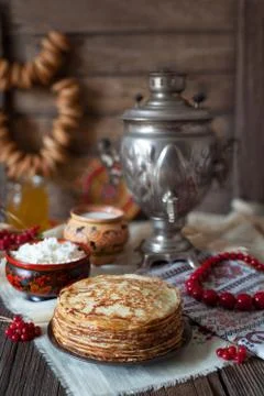 Stack of crepes with cattage cheese in rustic style Stock Photos