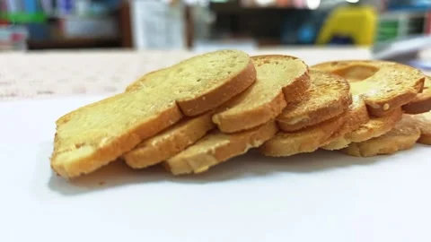 Stack of crispy baked bread rusks. Stock Footage 339991088