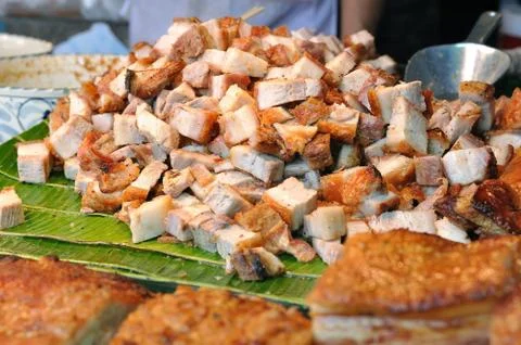 Stack of crispy pork in market, Stock Photos