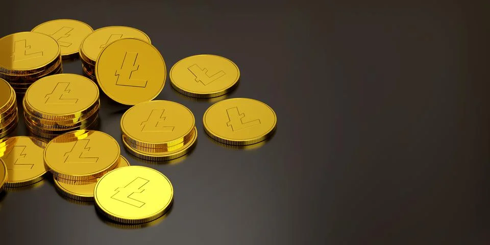 Stack of crypto currencies litecoin with copy space. 3d illustration. Stock Illustration