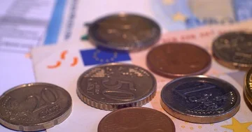 Stack of cryptocurrencies and EUR coins , bitcoin 4K Stock Footage 85515781