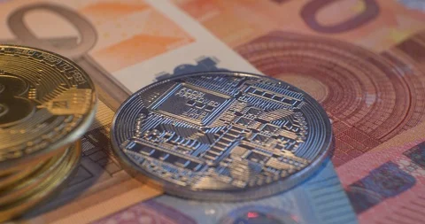 Stack of cryptocurrencies , bitcoin 4K, EUR, silver bitcoin backside Stock Footage 85515674