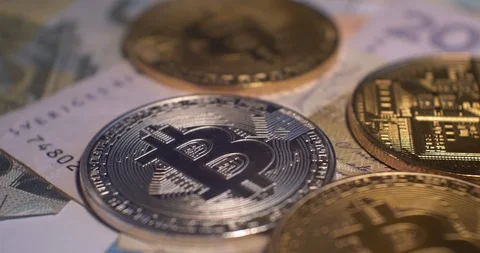 Stack of cryptocurrencies , bitcoin 4K, EUR, silver bitcoin backside Stock Footage 85515930