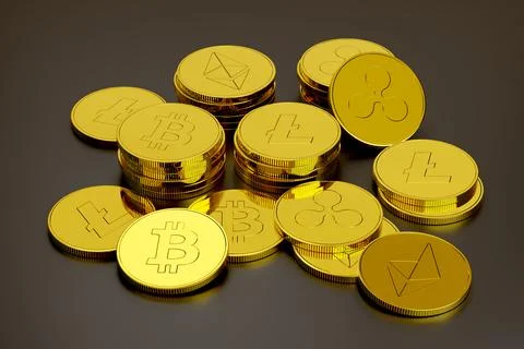 Stack of cryptocurrencies: bitcoin, ethereum, litecoin, and ripple coin . 3d  Illustrazione stock