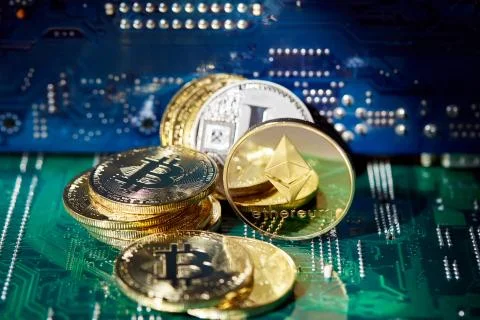 Stack of cryptocurrencies in a circle with ethereum on the top on motherboard Stock Photos