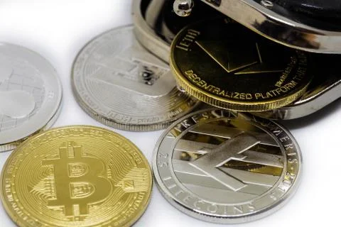 Stack of cryptocurrenciesm bitcoin and altcoin together, isolated on white with Stock Photos