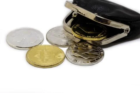 Stack of cryptocurrenciesm bitcoin and altcoin together, isolated on white with Stock Photos