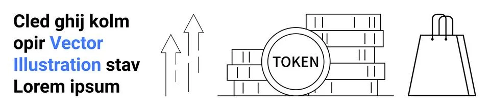 Stack of cryptocurrency tokens with growth arrows, shopping bag, and placehol Stock Illustration