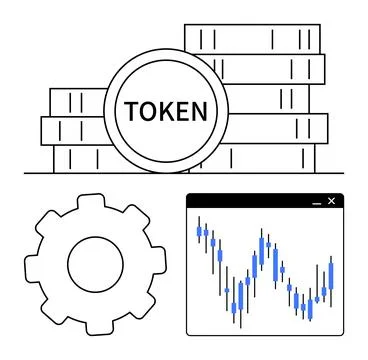 Stack of cryptocurrency tokens labeled TOKEN, gear symbol, and trading chart  イラスト素材
