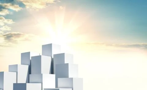 A stack of cubes against a beautiful sunrise Illustrazione stock