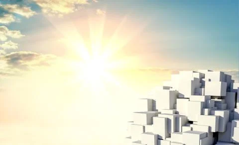 A stack of cubes against a beautiful sunrise Illustrazione stock