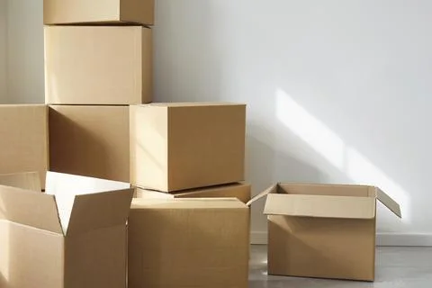 Stack of cupboards, heap of open boxes, multiple storage cabinets for delivery Foto stock