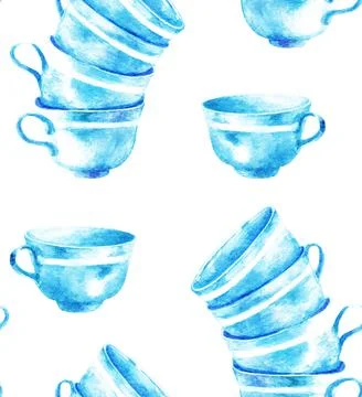 A stack of cups. Seamless pattern. Watercolor Stock Illustration