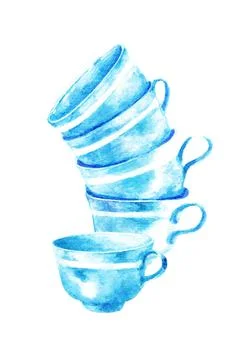 A stack of cups. Watercolor Stock Illustration