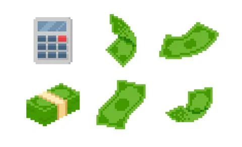 Stack of currency banknotes and calculator pixel art vector set, 8 bit green Stock Illustration