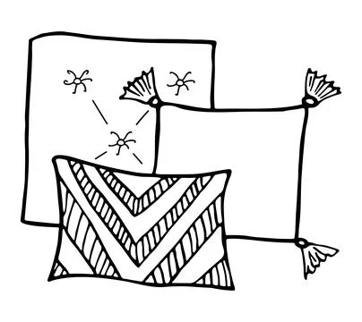 Stack of cushion. Doodle home bedroom pillows. Cozy hand drawn bedding lay. Stock Illustration