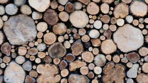 Stack of cut tree logs arranged artfully on a wooden surface in a forest en.. Foto stock
